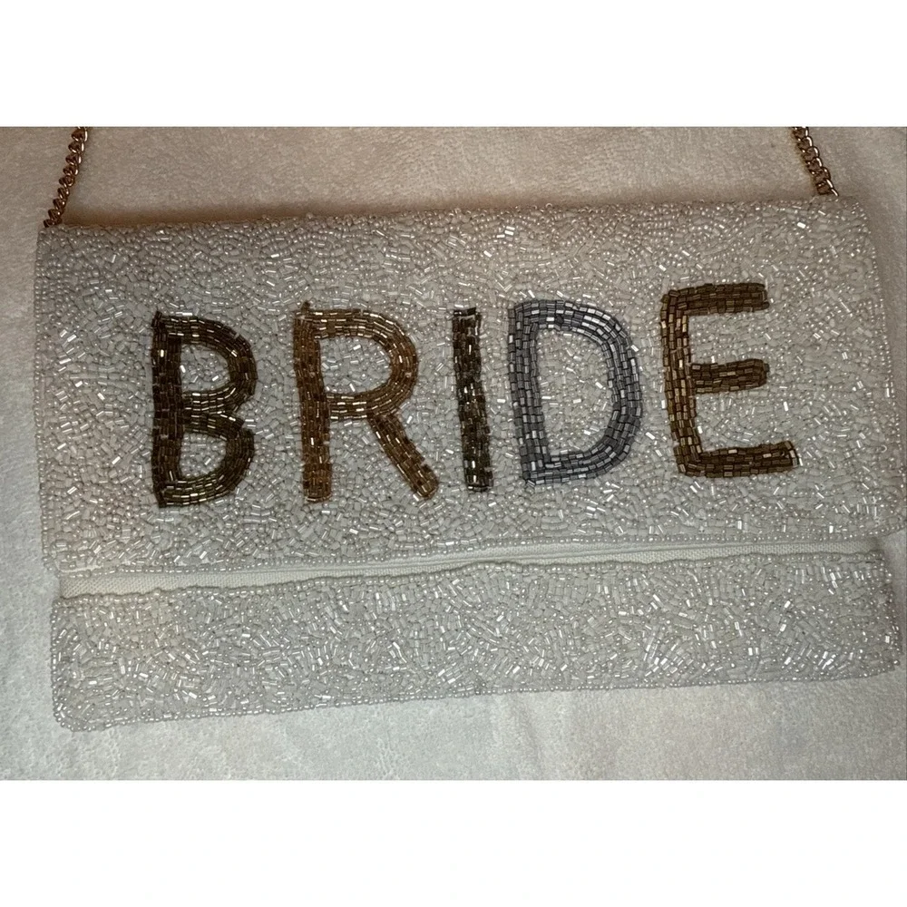 Bride Clutch Embroidered Glass Beaded Gold Tone Chain Strap Classy Elegant